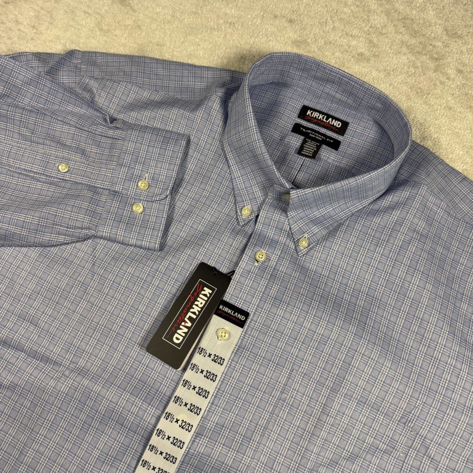 Kirkland Dress Shirt Mens 18.5 32/33 Blue Check Traditional Fit Non-Iron Cotton